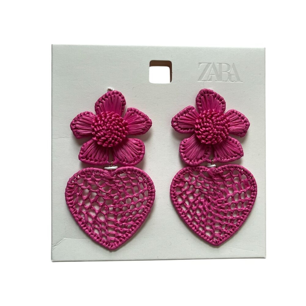 Zara Fuchsia Raffia Floral Heart Drop Earrings Statement Jewelry NWT Chic